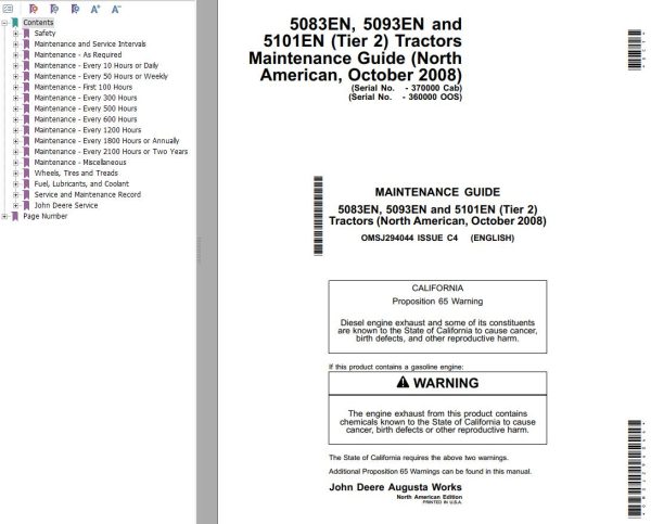 John Deere Tractor 5083EN 5093EN 5101EN Tier 2 Maintenance Guide