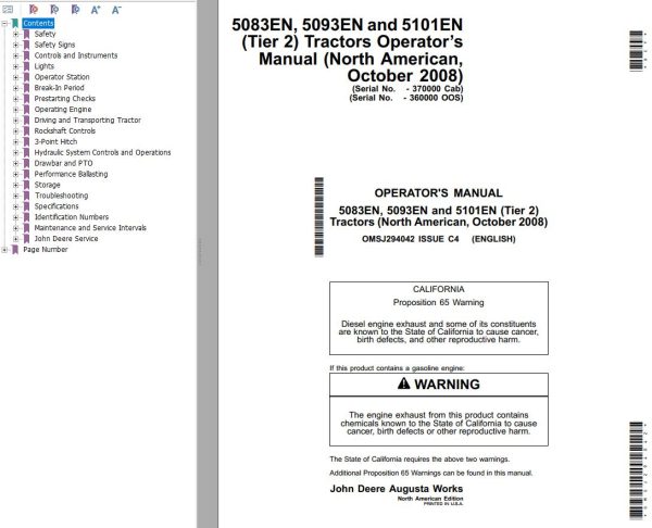 John Deere Tractor 5083EN 5093EN 5101EN Tier 2 Operators Manual