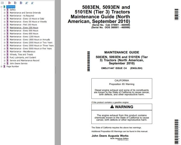 John Deere Tractor 5083EN 5093EN 5101EN Tier 3 Maintenance Guide