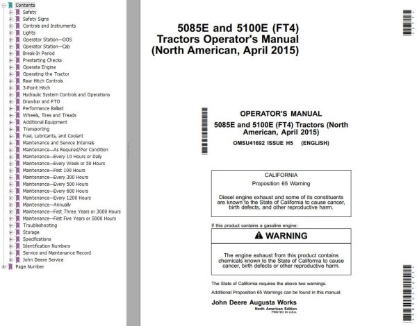 John Deere Tractor 5085E 5100E FT4 Operators Manual