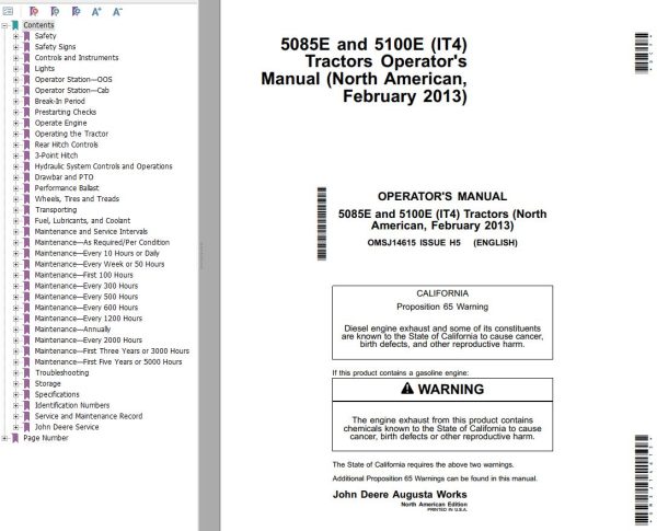 John Deere Tractor 5085E 5100E IT4 Operators Manual