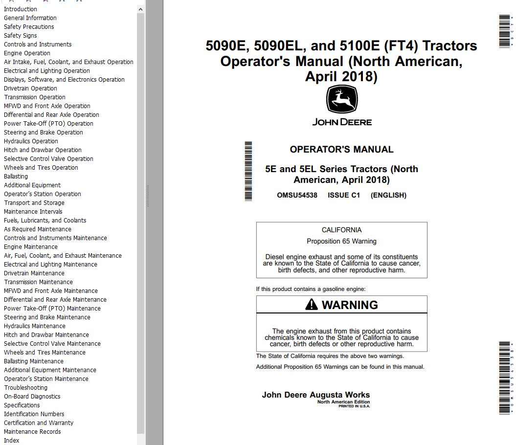 John Deere Tractor 5090E 5090EL 5100E FT4 Operators Manual 1