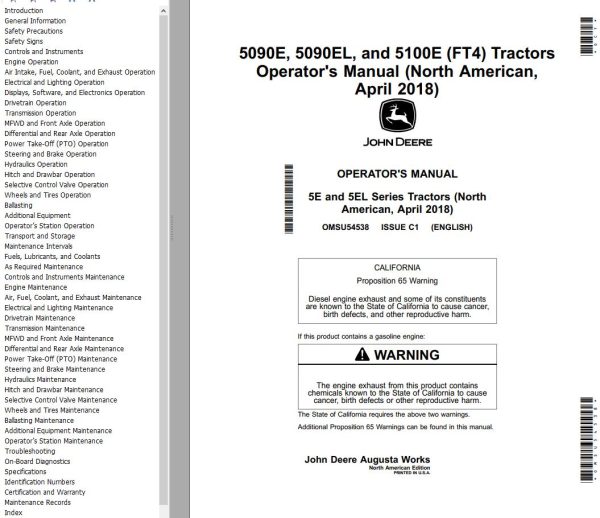 John Deere Tractor 5090E 5090EL 5100E FT4 Operators Manual