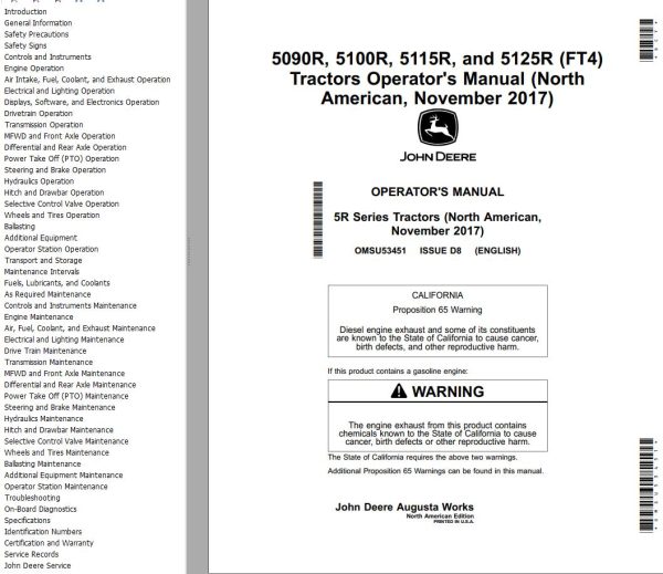John Deere Tractor 5090R 5100R 5115R 5125R FT4 Operators Manual