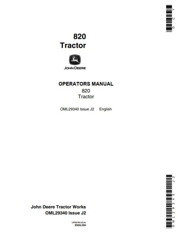John Deere Tractor 820 Operators Manual