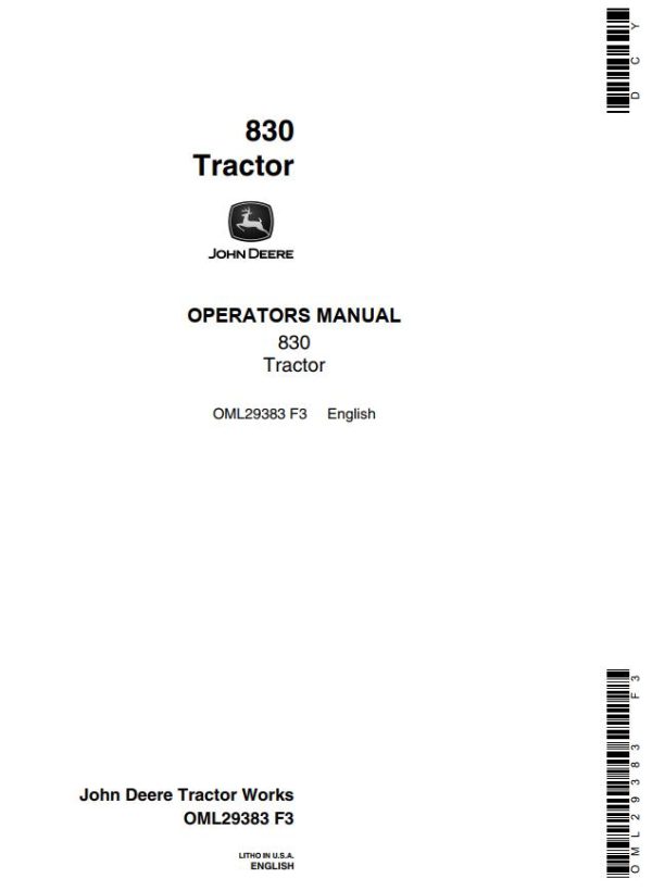 John Deere Tractor 830 Operators Manual