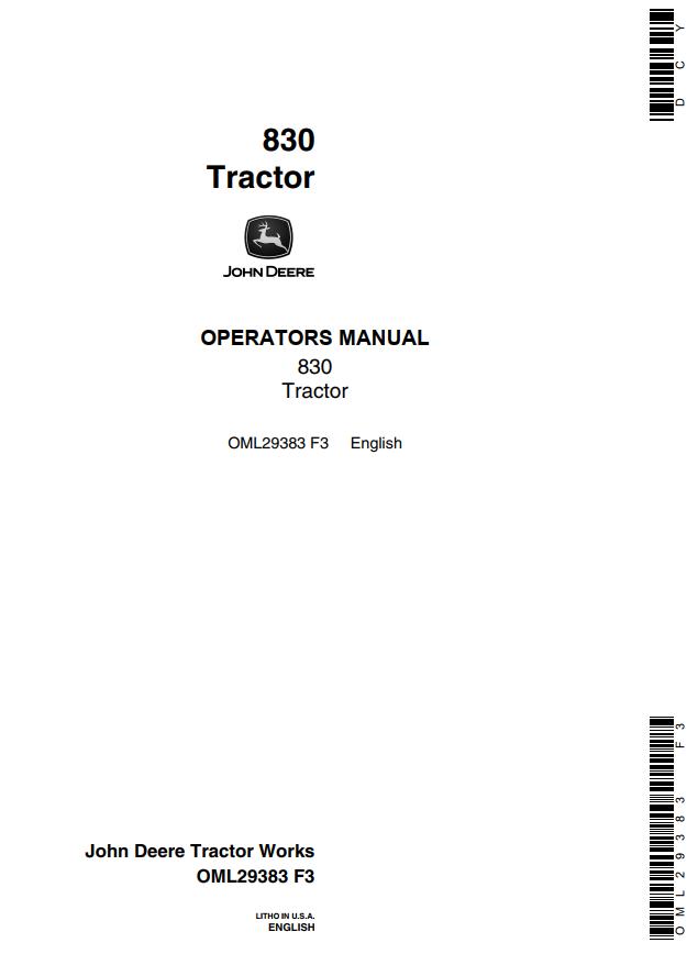 John Deere Tractor 830 Operators Manual