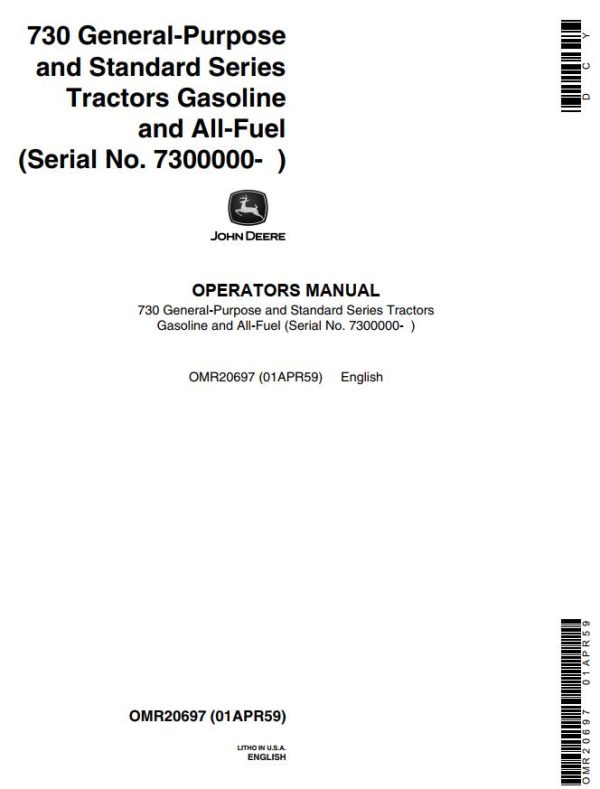 John Deere Tractor Gasoline and All Fuel 730 Operators Manual