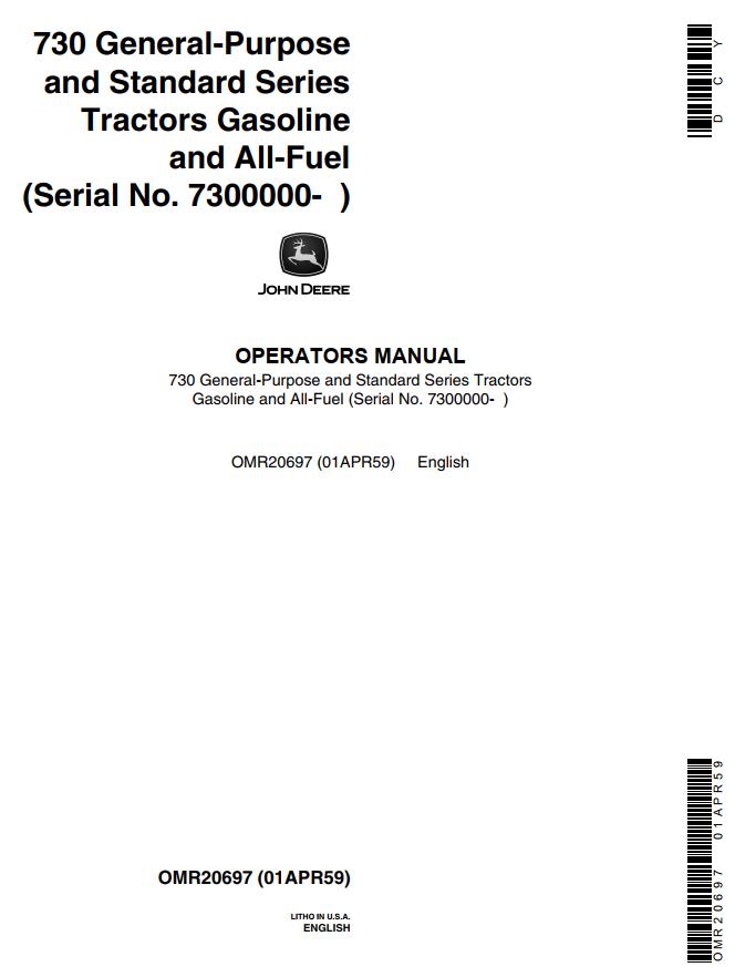 John Deere Tractor Gasoline and All Fuel 730 Operators Manual