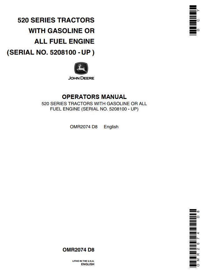 John Deere Tractor Gasoline or All Fuel Engine 520 Series Operators Manual