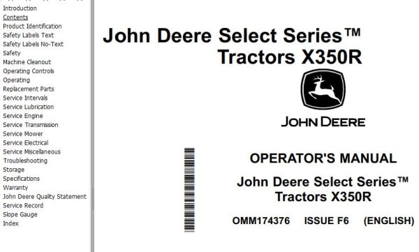 John Deere Tractor X350R Operators Manual