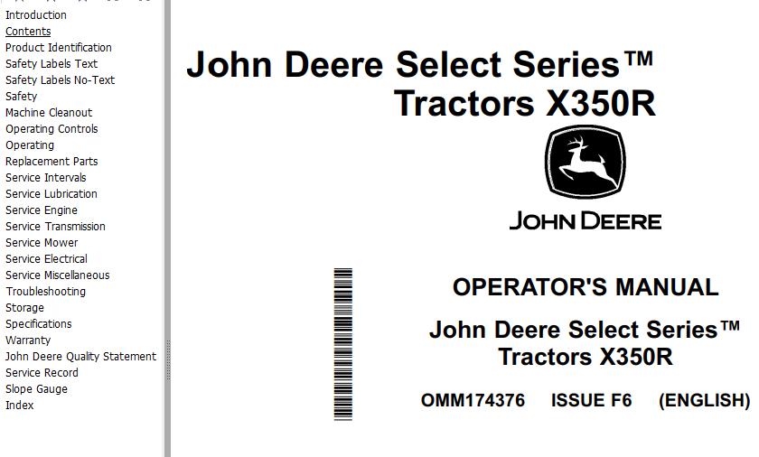 John Deere Tractor X350R Operators Manual