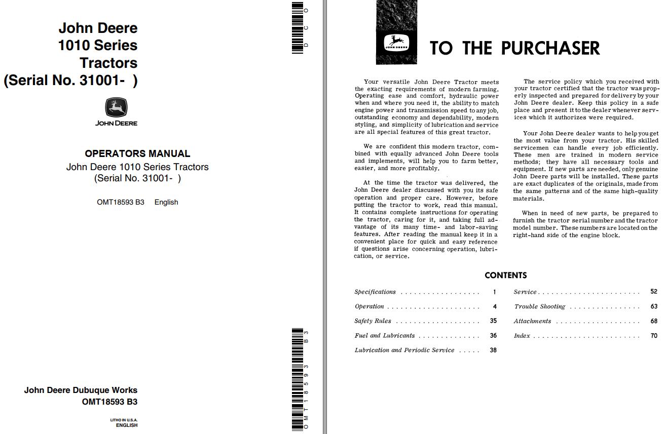 John Deere Tractors 1010 Series Operators Manual 3