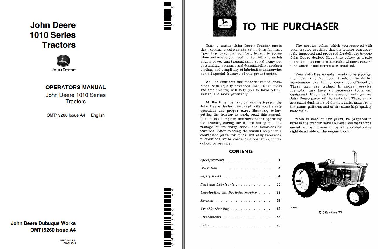 John Deere Tractors 1010 Series Operators Manual