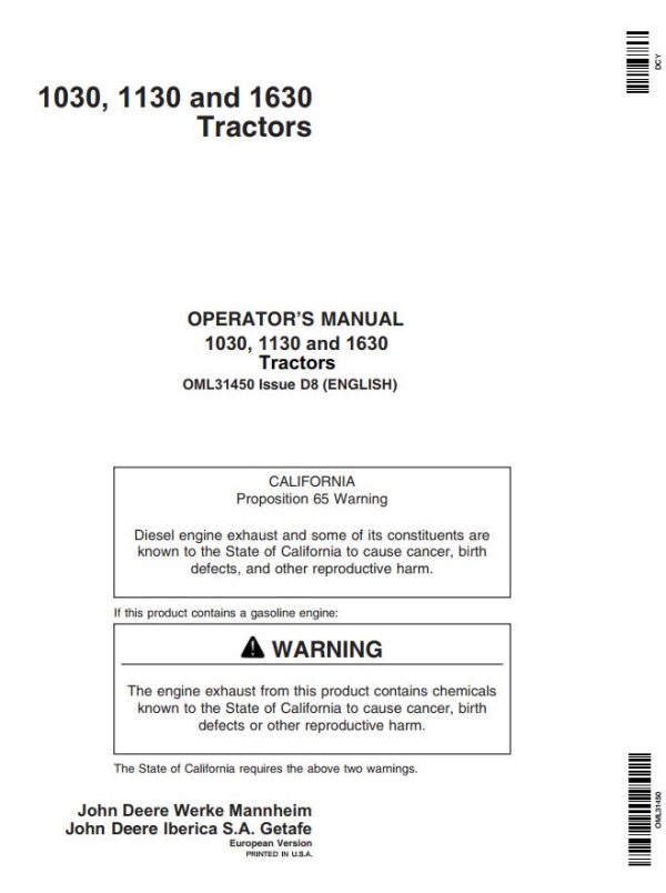 John Deere Tractors 1030 1130 1630 Operators Manual 1