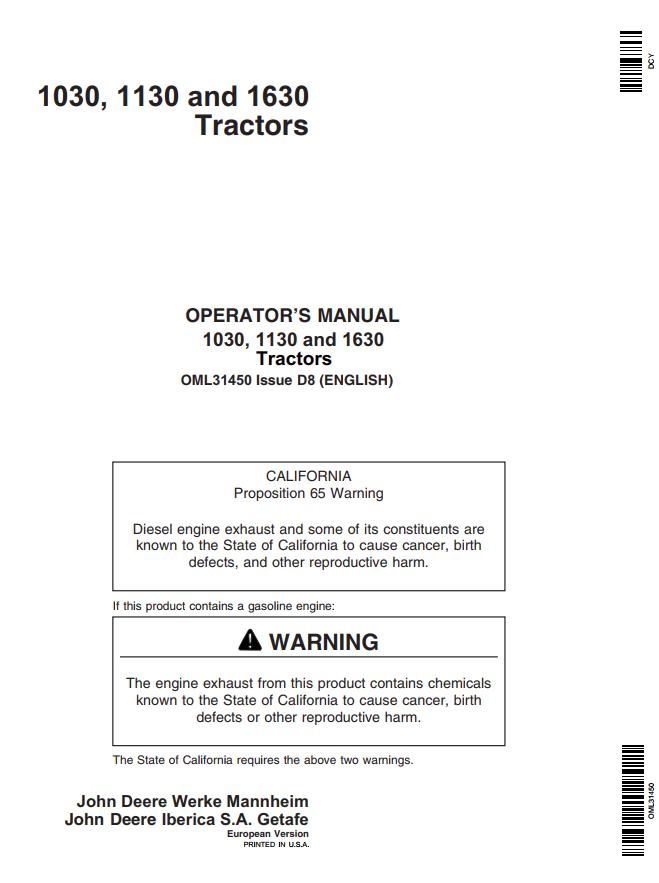 John Deere Tractors 1030 1130 1630 Operators Manual 1