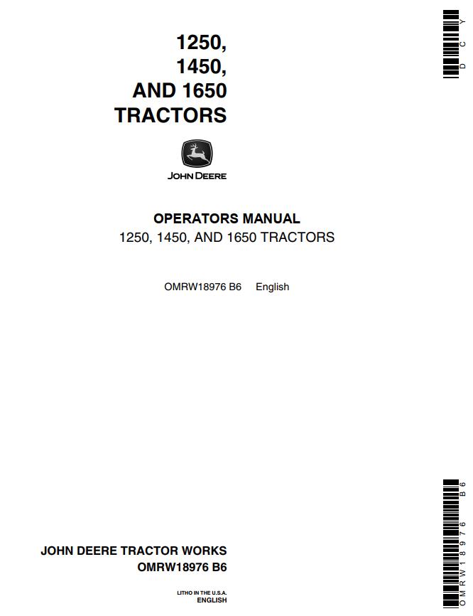 John Deere Tractors 1250 1450 1650 Operators Manual