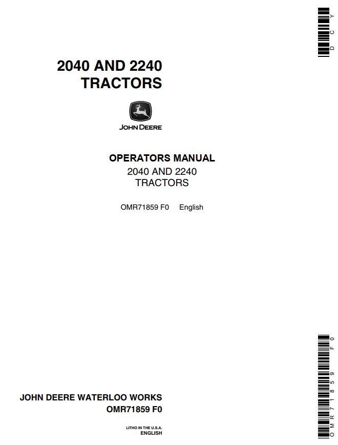 John Deere Tractors 2040 2240 Operators Manual