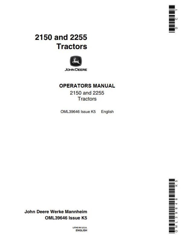 John Deere Tractors 2150 2255 Operators Manual