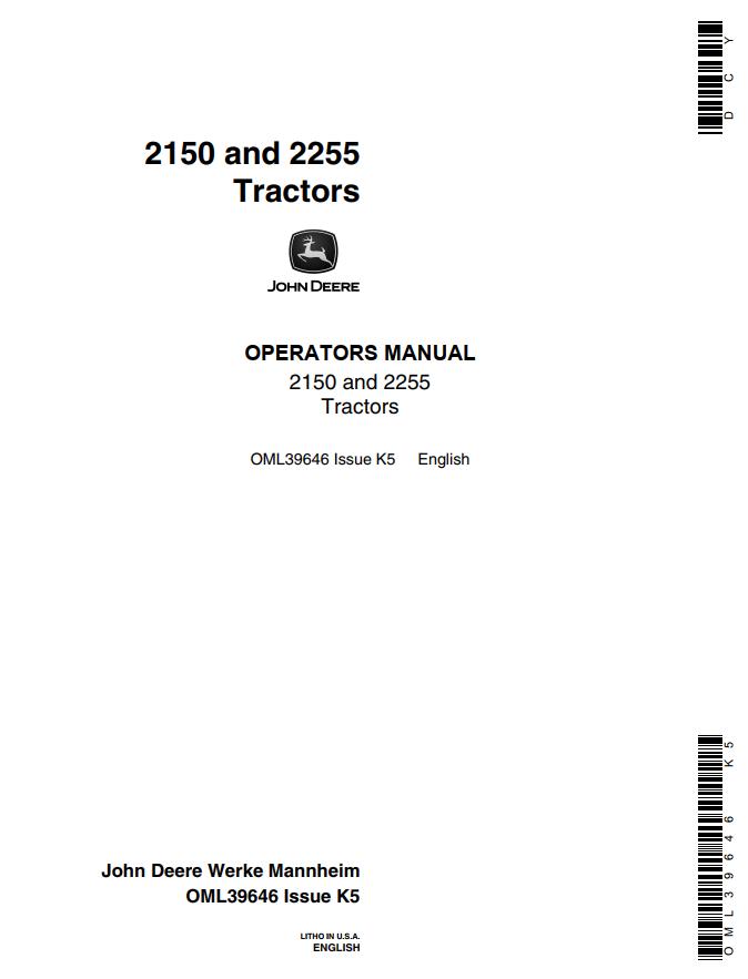 John Deere Tractors 2150 2255 Operators Manual