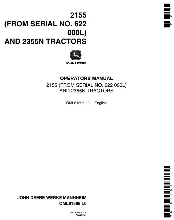 John Deere Tractors 2155 2355N Operators Manual
