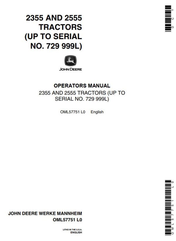 John Deere Tractors 2355 2555 Operators Manual