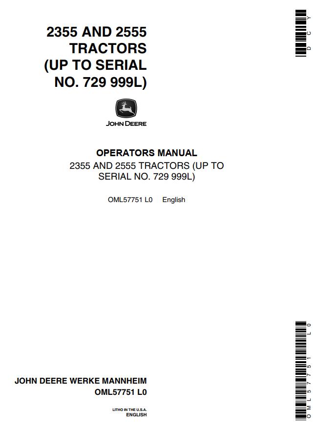 John Deere Tractors 2355 2555 Operators Manual