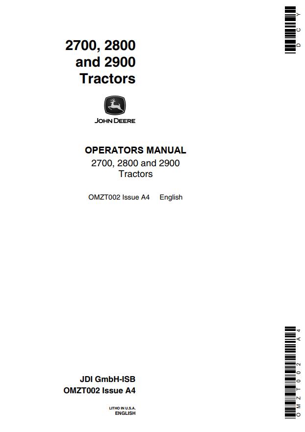 John Deere Tractors 2700 2800 2900 Operators Manual