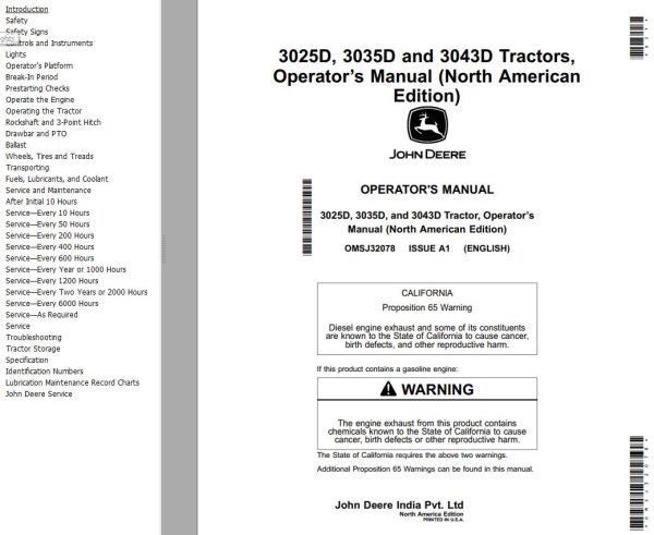 John Deere Tractors 3025D 3035D 3043D Operators Manual