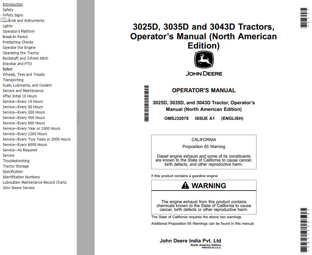John Deere Tractors 3025D 3035D 3043D Operators Manual