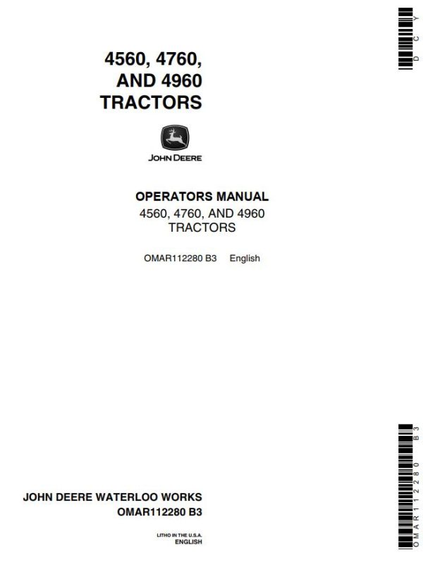 John Deere Tractors 4560 4760 4960 Operators Manual