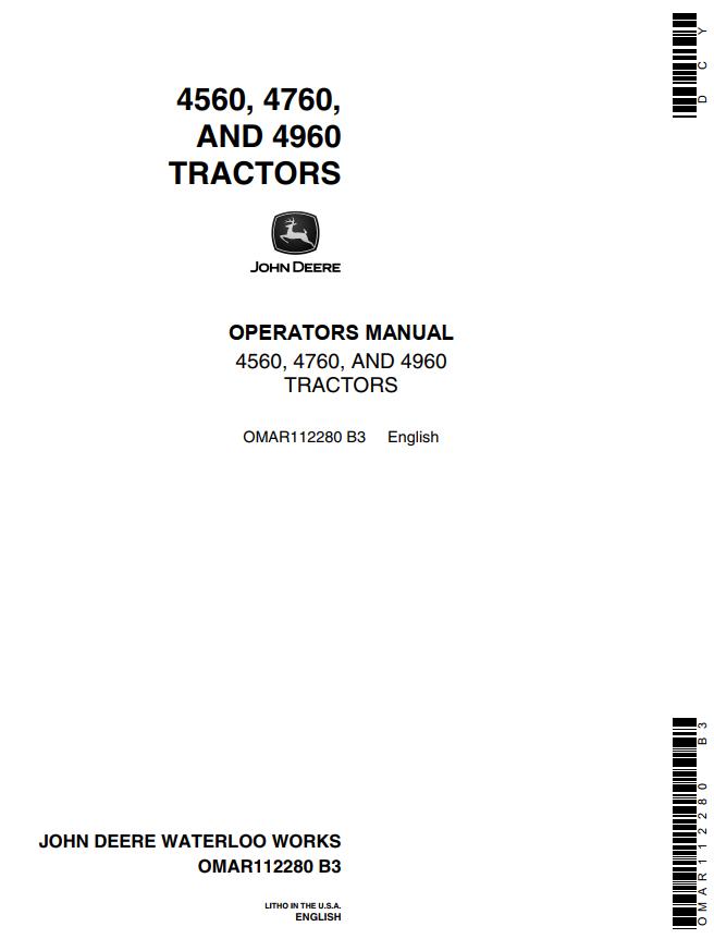 John Deere Tractors 4560 4760 4960 Operators Manual