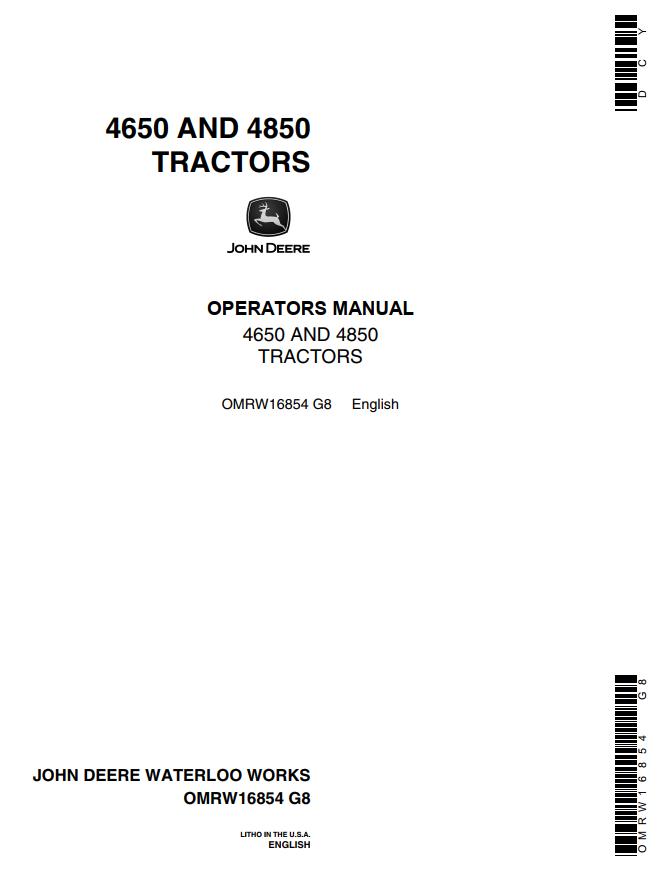 John Deere Tractors 4650 4850 Operators Manual