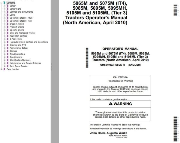 John Deere Tractors 5065M to 5105ML Tier 3 Operators Manual