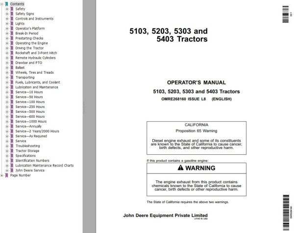 John Deere Tractors 5103 5203 5303 5403 Operators Manual