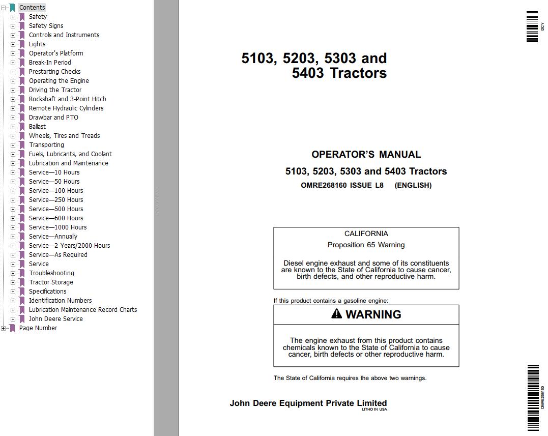 John Deere Tractors 5103 5203 5303 5403 Operators Manual