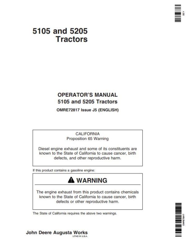 John Deere Tractors 5105 5205 Operators Manual