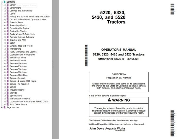 John Deere Tractors 5220 5320 5420 5520 Operators Manual