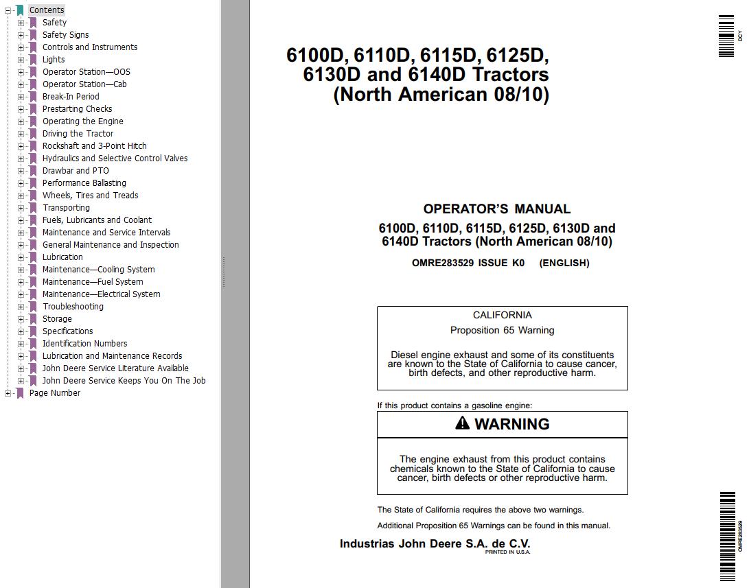 John Deere Tractors 6100D to 6140D Operators Manual