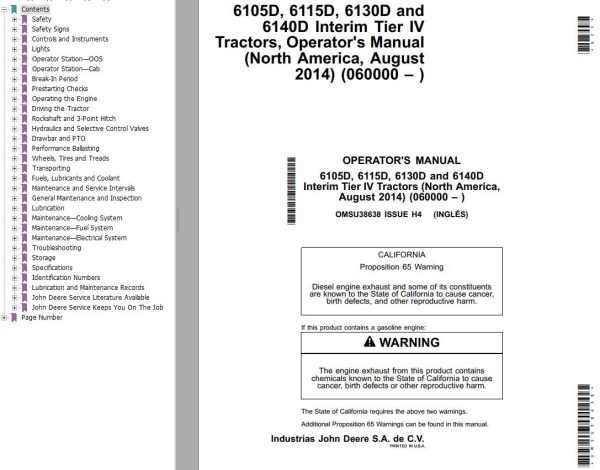 John Deere Tractors 6105D to 6140D Interim Tier IV Operators Manual
