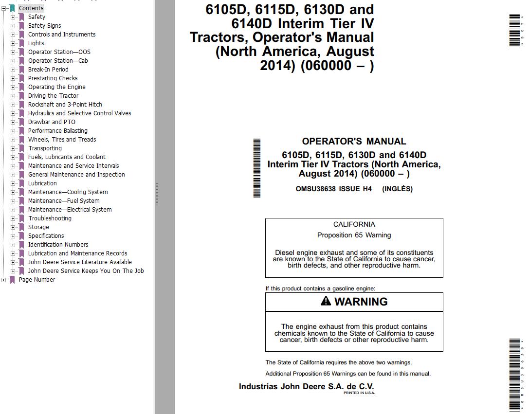 John Deere Tractors 6105D to 6140D Interim Tier IV Operators Manual