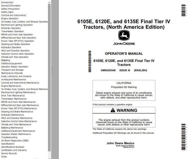John Deere Tractors 6105E 6120E 6135E Final Tier IV Operators Manual