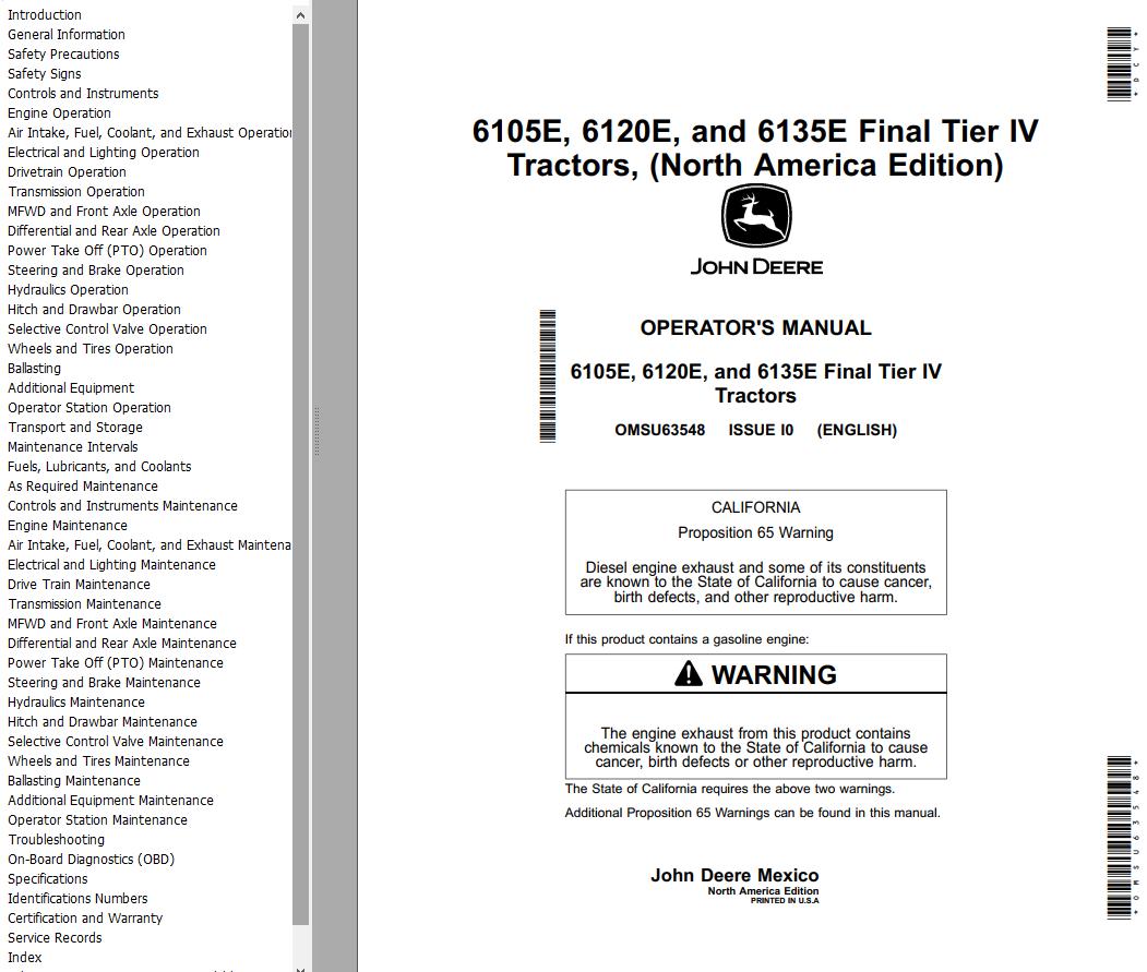 John Deere Tractors 6105E 6120E 6135E Final Tier IV Operators Manual