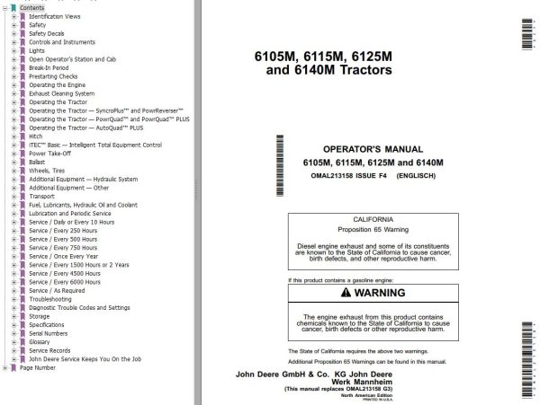 John Deere Tractors 6105M 6115M 6125M 6140M Operators Manual