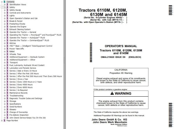 John Deere Tractors 6110M 6120M 6130M 6145M Operators Manual
