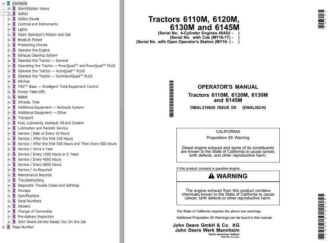 John Deere Tractors 6110M 6120M 6130M 6145M Operators Manual