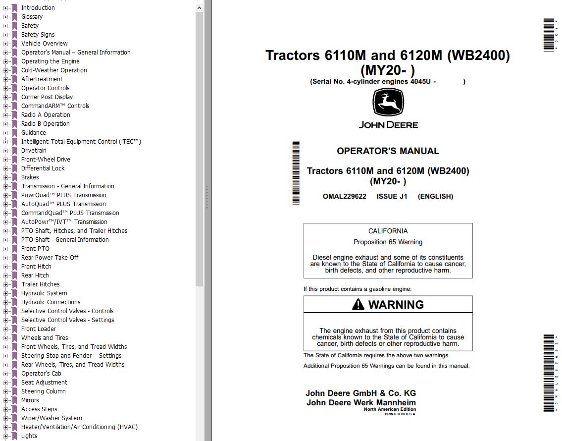 John Deere Tractors 6110M 6120M Operators Manual