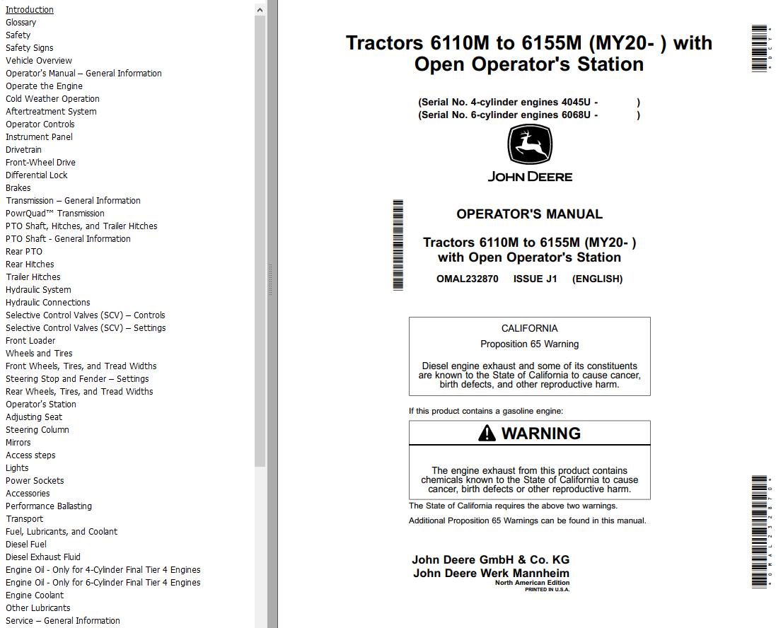 John Deere Tractors 6110M to 6155M Operators Manual