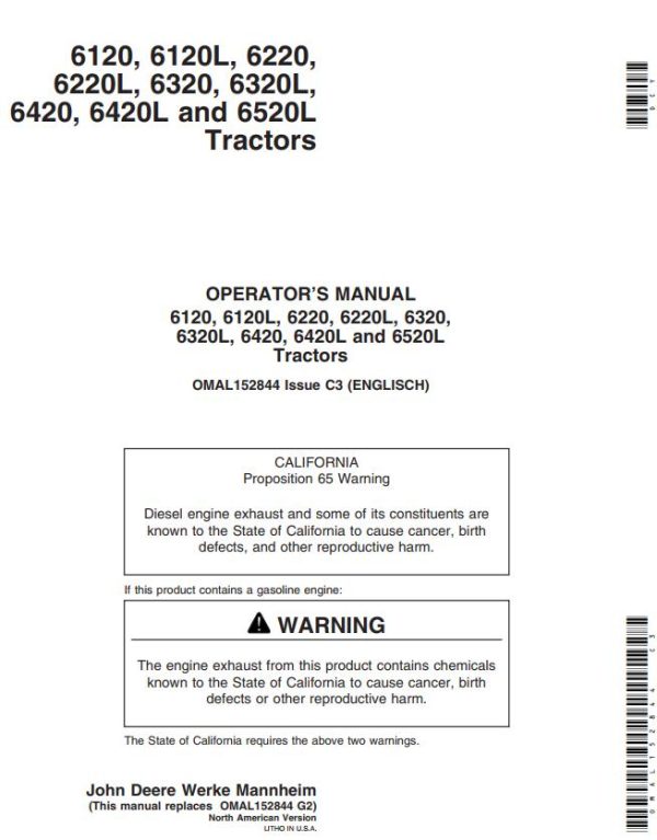 John Deere Tractors 6120 to 6520L Operators Manual