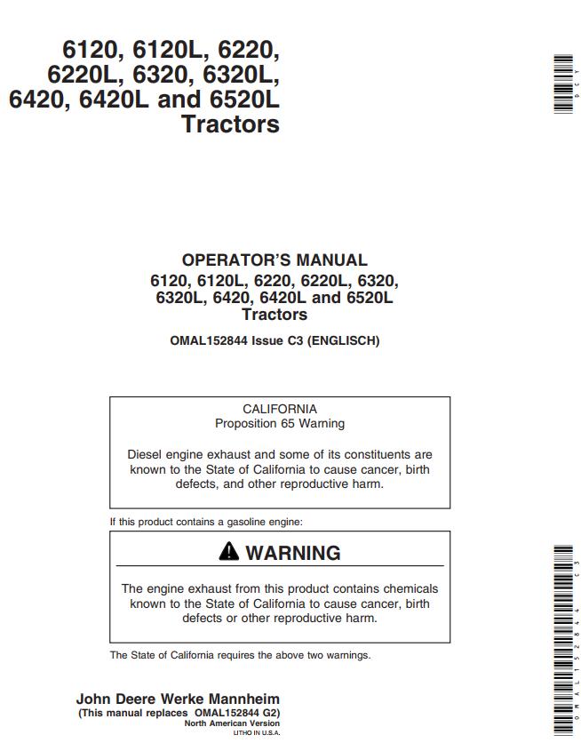John Deere Tractors 6120 to 6520L Operators Manual